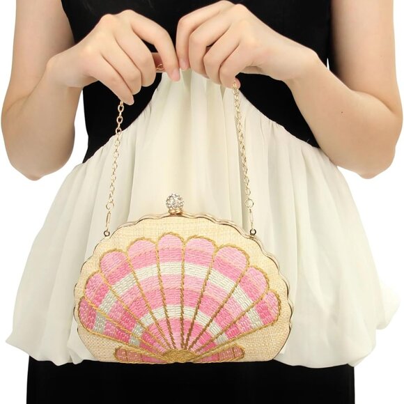 Women's Large Woven Straw Embroidered Shellsea Pattern Clutch Bag with Dual Chai - Picture 6 of 7
